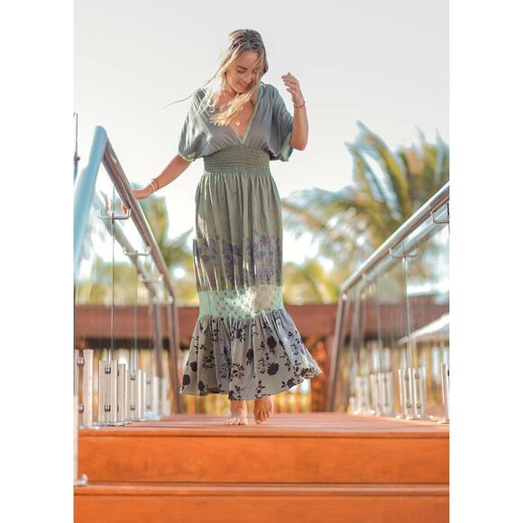 Floral Green Maxi Dress by T. ZOVICH Mixed Media Smocked Waist Crochet Trim - Picture 9 of 12